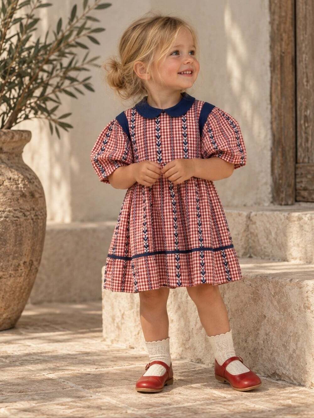 Vintage 2T Gingham Prairie Dress Red White Blue Puff Sleeve Peter Pan Collar